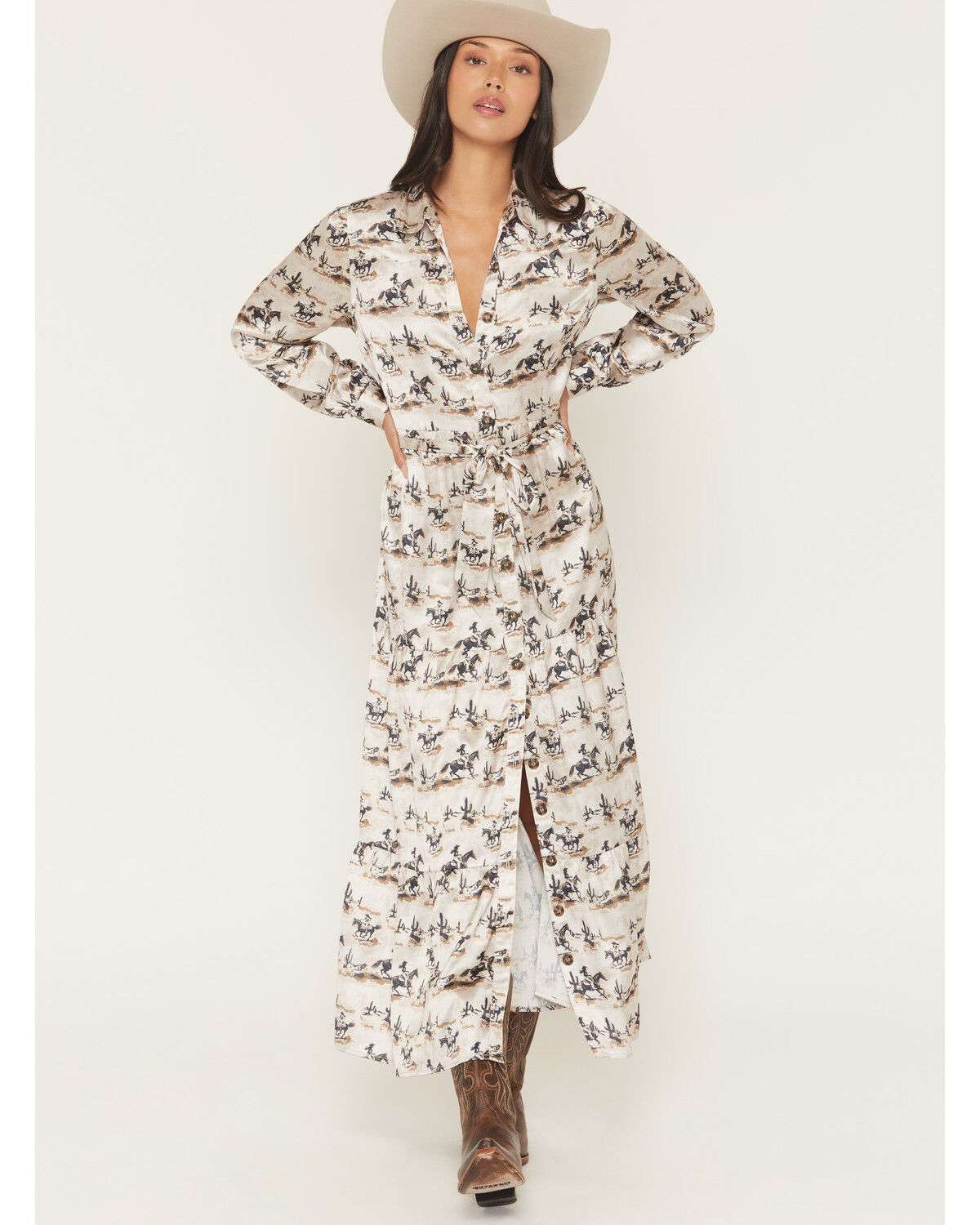 PANHANDLE WOMEN TAN CONVERSATIONAL LS MAXI DRESS LWD2R07910 Laherradurawwnc.com