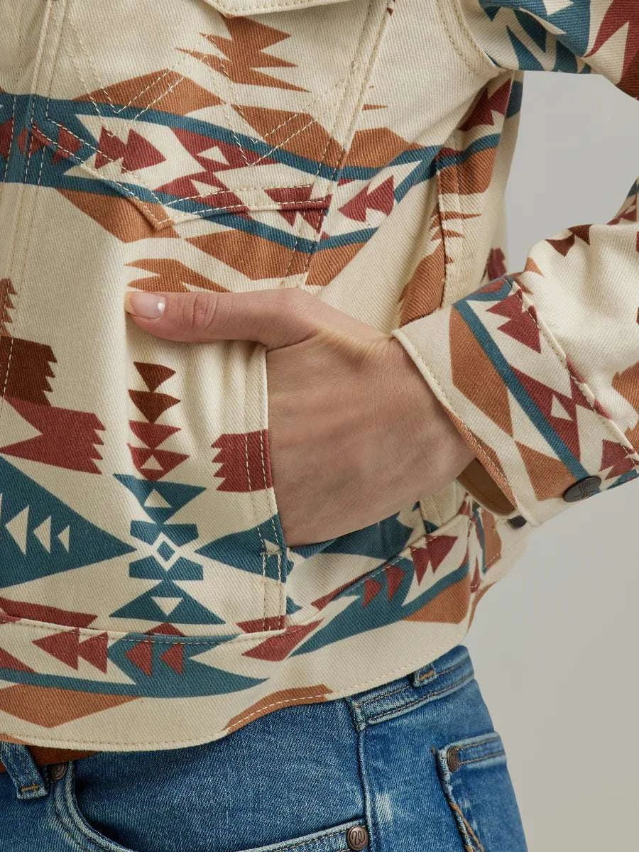 WRANGLER WOMEN RETRO BEIGE AZTEC PATTERN DENIM JACKET-112346156 Laherradurawwnc.com