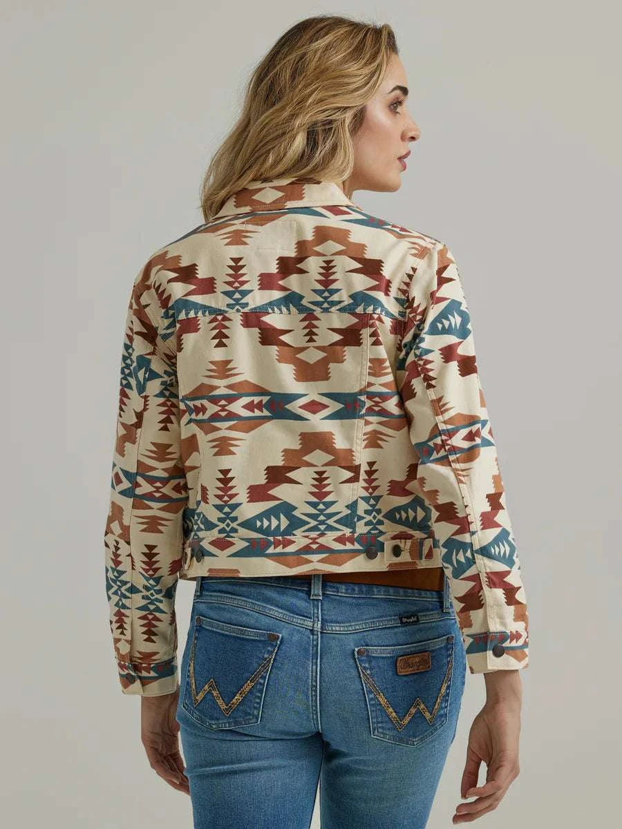 WRANGLER WOMEN RETRO BEIGE AZTEC PATTERN DENIM JACKET-112346156 Laherradurawwnc.com