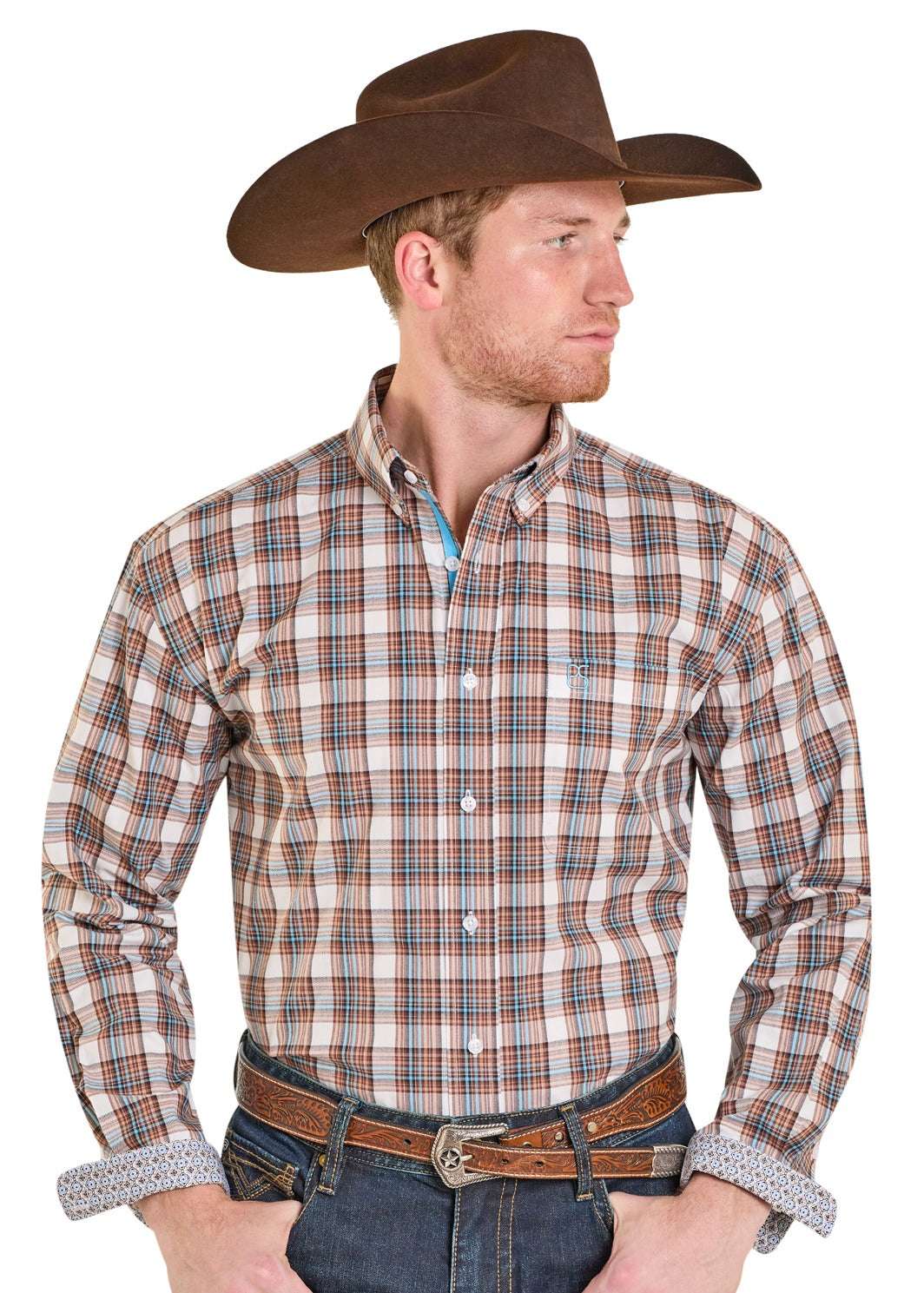 PANHANDLE MEN BROWN & BLUE STRIPPED BUTTON UP- RMB2S07574 Laherradurawwnc.com