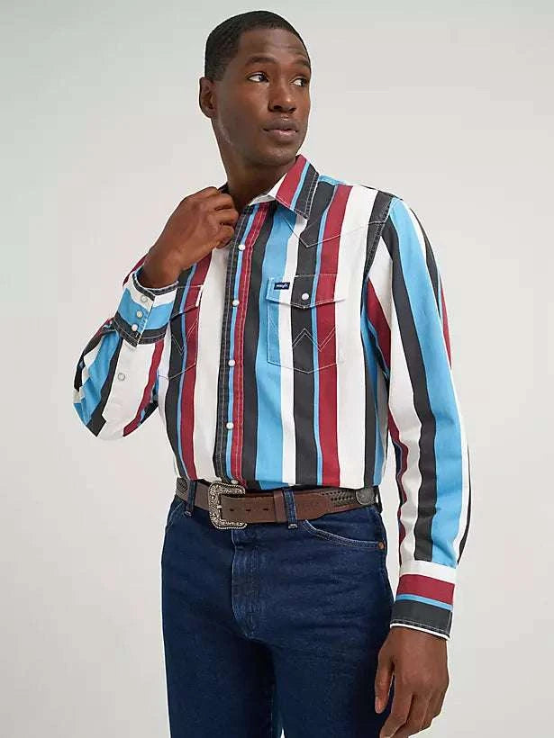 WRANGLER BURGUNDY BLUE WHITE STRIPES MEN PURAL SNAP LONG SLEEVE SHIRT 112374804 Laherradurawwnc.com