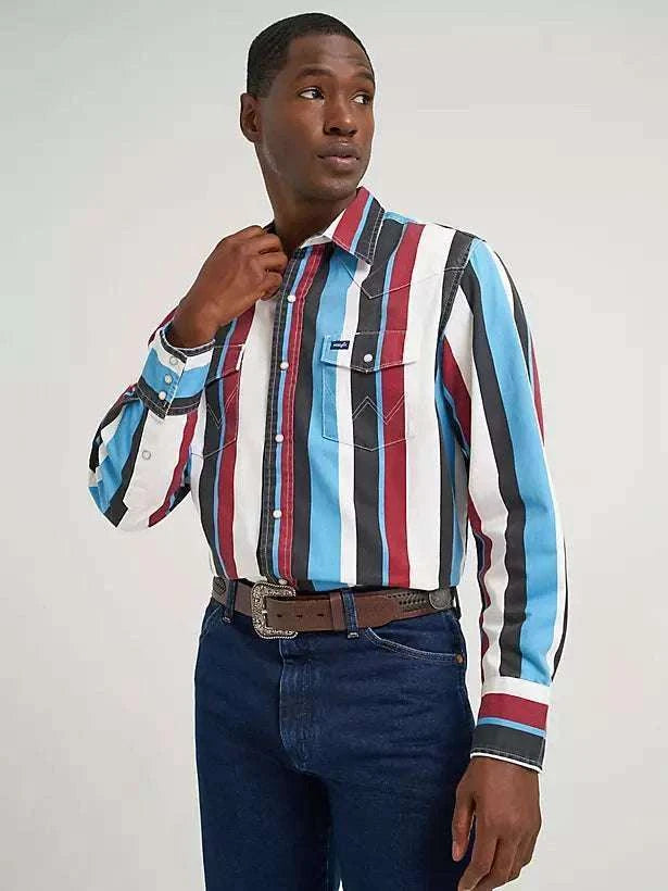 WRANGLER BURGUNDY BLUE WHITE STRIPES MEN PURAL SNAP LONG SLEEVE SHIRT 112374804 Laherradurawwnc.com