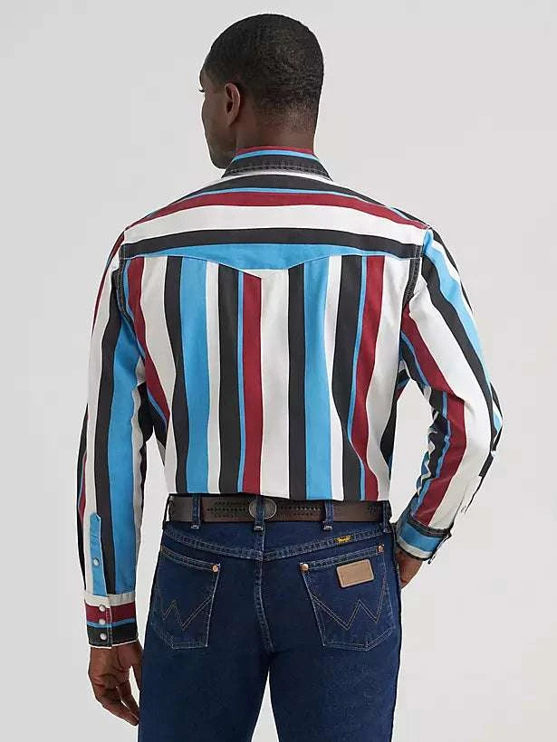 WRANGLER BURGUNDY BLUE WHITE STRIPES MEN PURAL SNAP LONG SLEEVE SHIRT 112374804 Laherradurawwnc.com