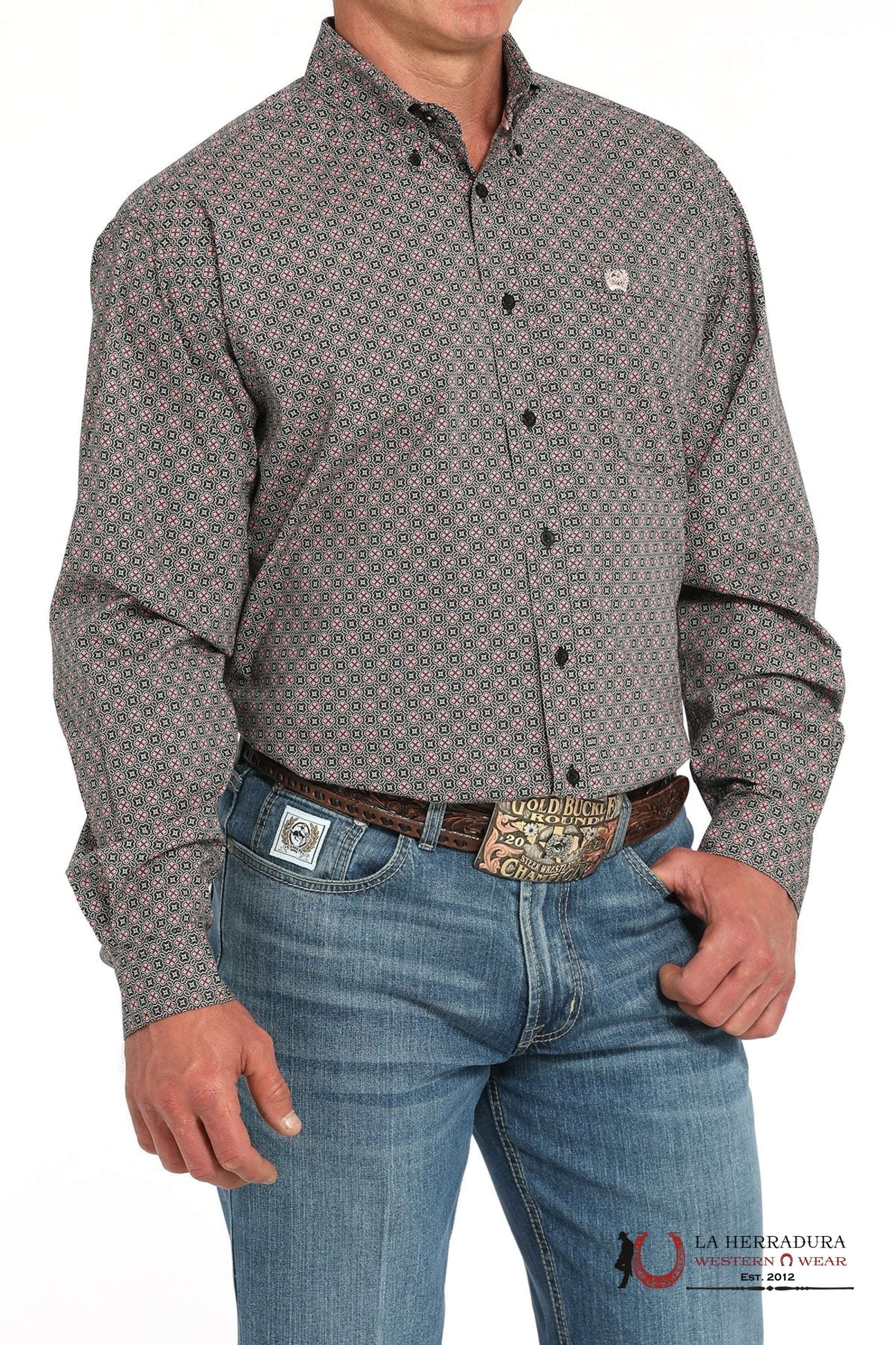 CINCH MEN BOTTON DOWN SHIRT PINK FLOWER DESIGN GREY - MTW1105925 Laherradurawwnc.com