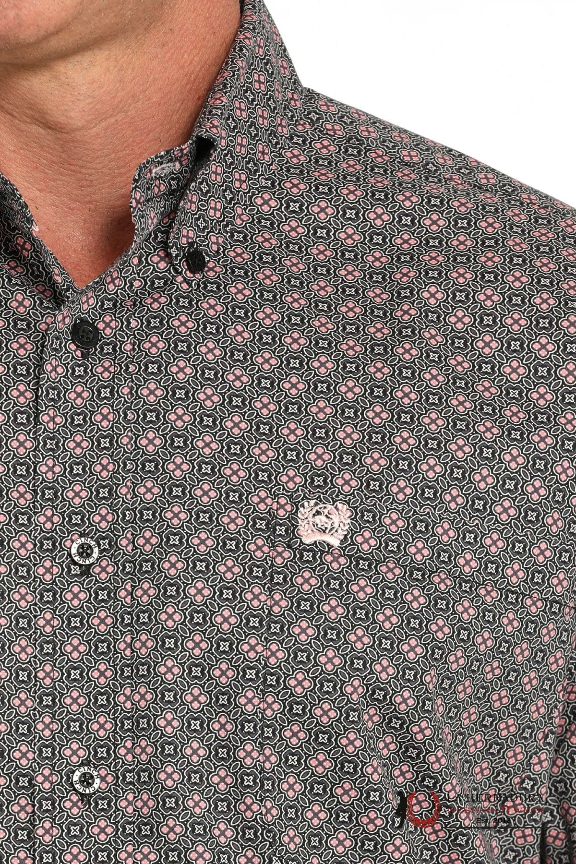 CINCH MEN BOTTON DOWN SHIRT PINK FLOWER DESIGN GREY - MTW1105925 Laherradurawwnc.com