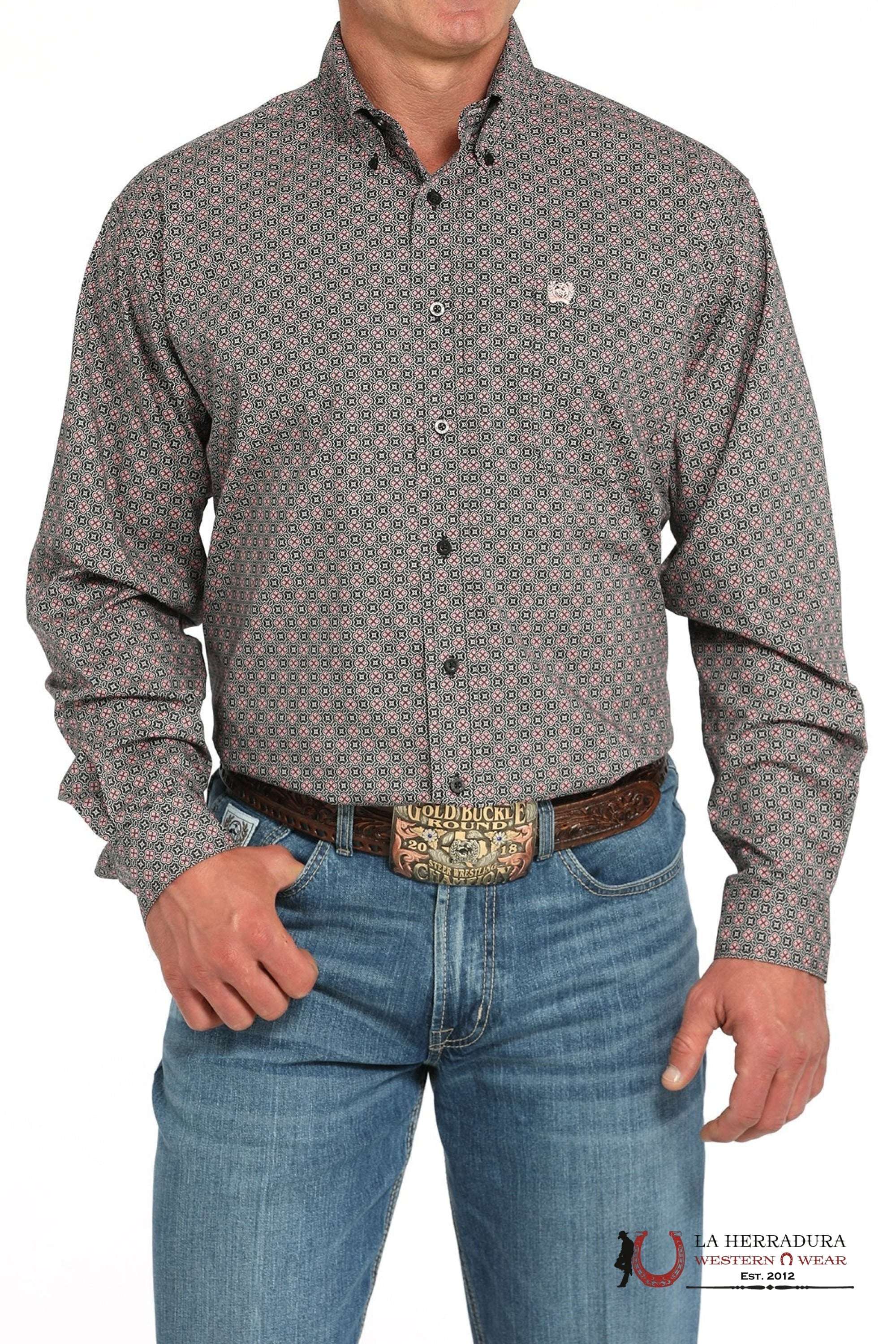 CINCH MEN BOTTON DOWN SHIRT PINK FLOWER DESIGN GREY - MTW1105925 Laherradurawwnc.com