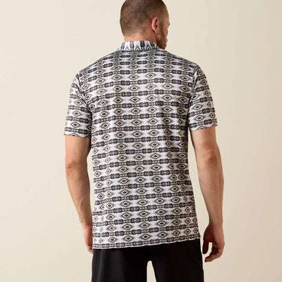 ARIAT MEN ALL OVER PRINT FTD SS POLO PRISTINE WHITE GEO STRIPE 10071094 Laherradurawwnc.com