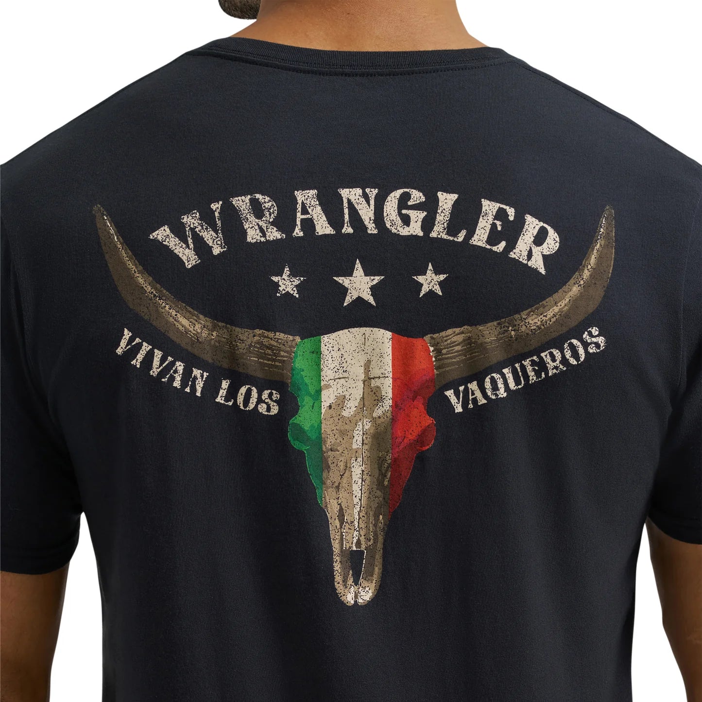 Black t-shirt with Wrangler logo and bull skull design on the back