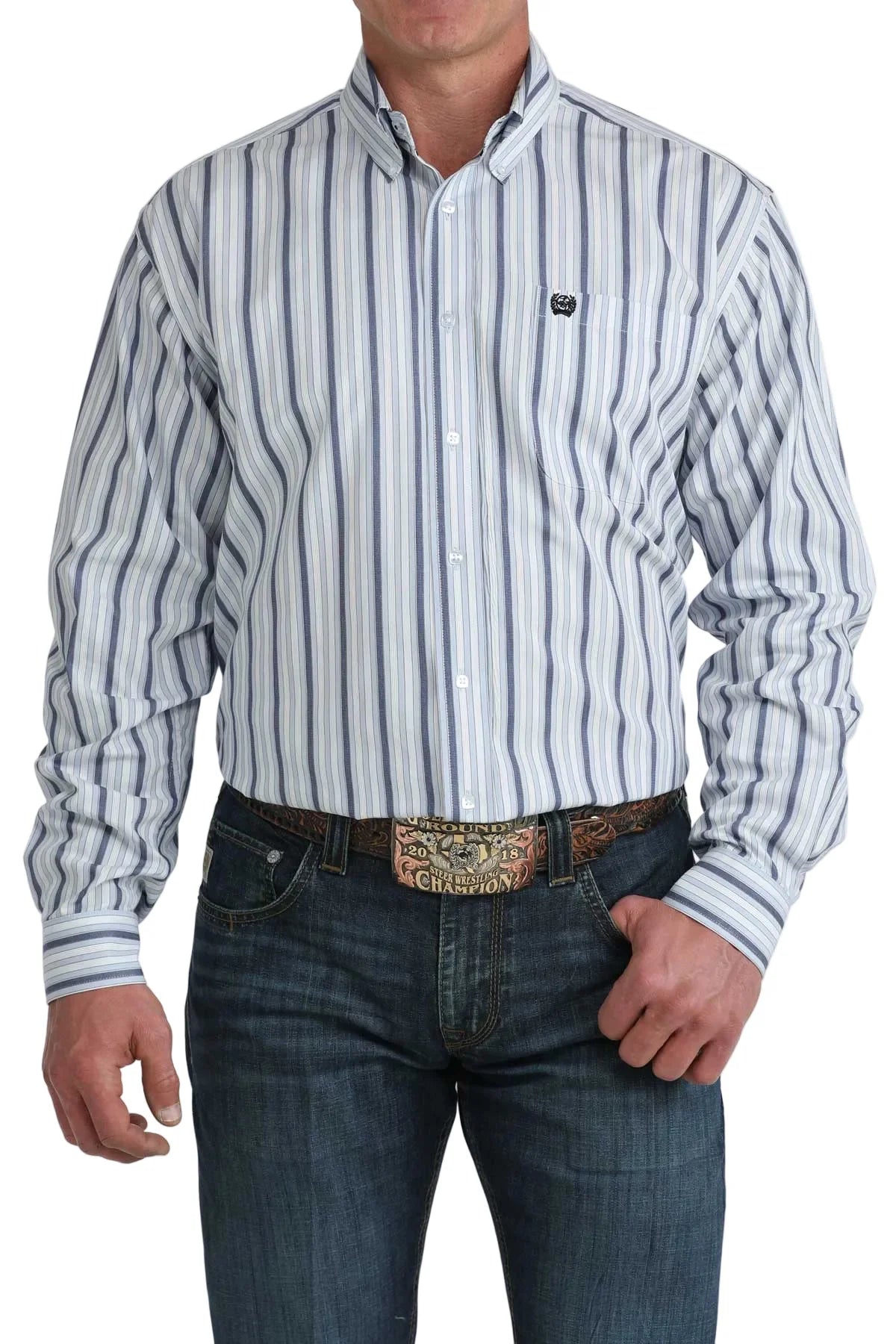 CINCH MENS SHIRT LONG SLEEVE BLUE AND WHITE - MTW1106077