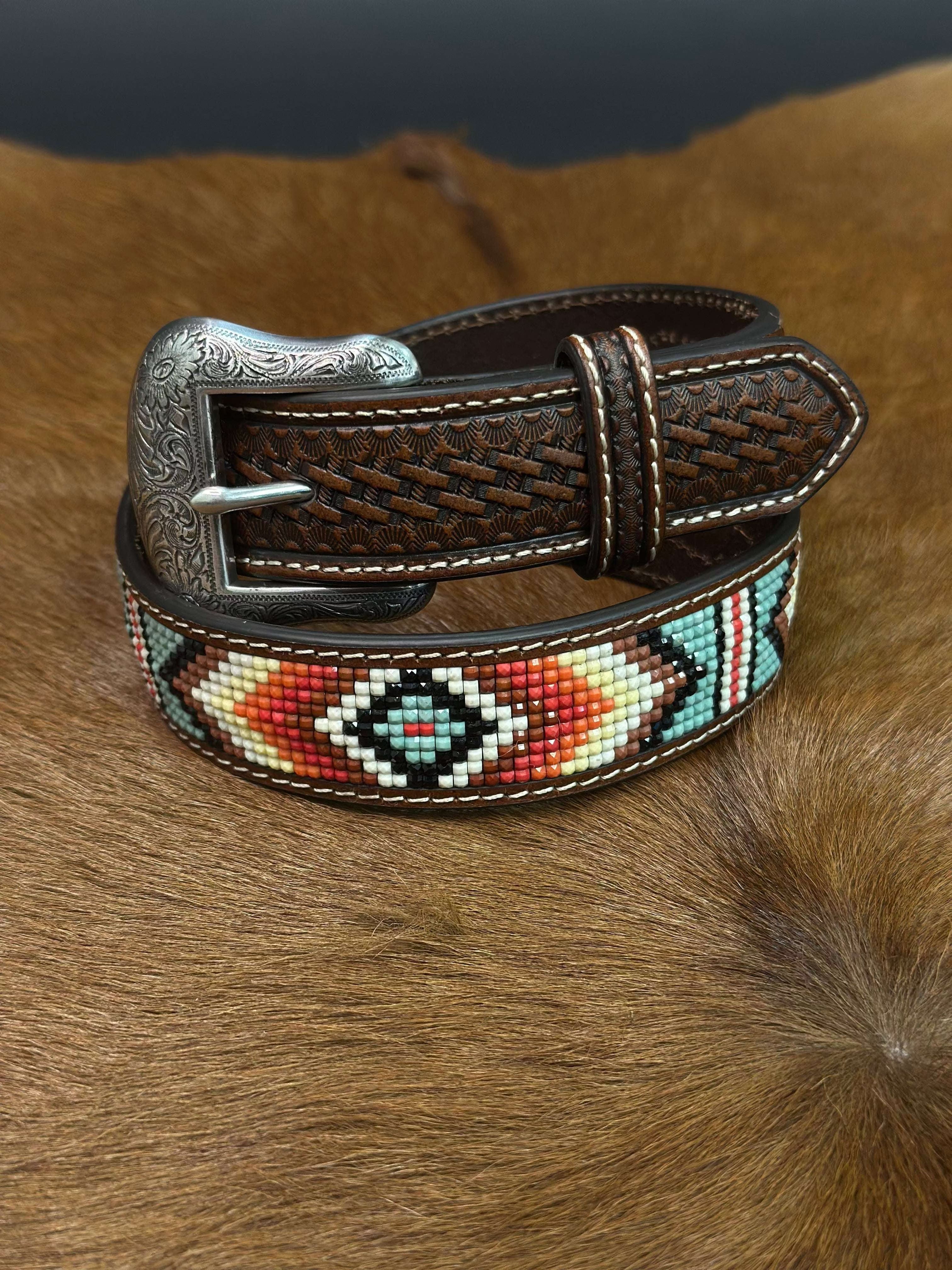 UNISEX BELT WHITE MULTI AZTEC STONE-N4441108 Laherradurawwnc.com