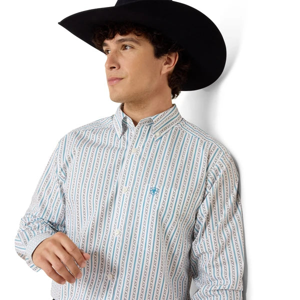 ARIAT MEN’S CROW FTD LS SHRT WHITE LONGHORN STRIPE 10079419
