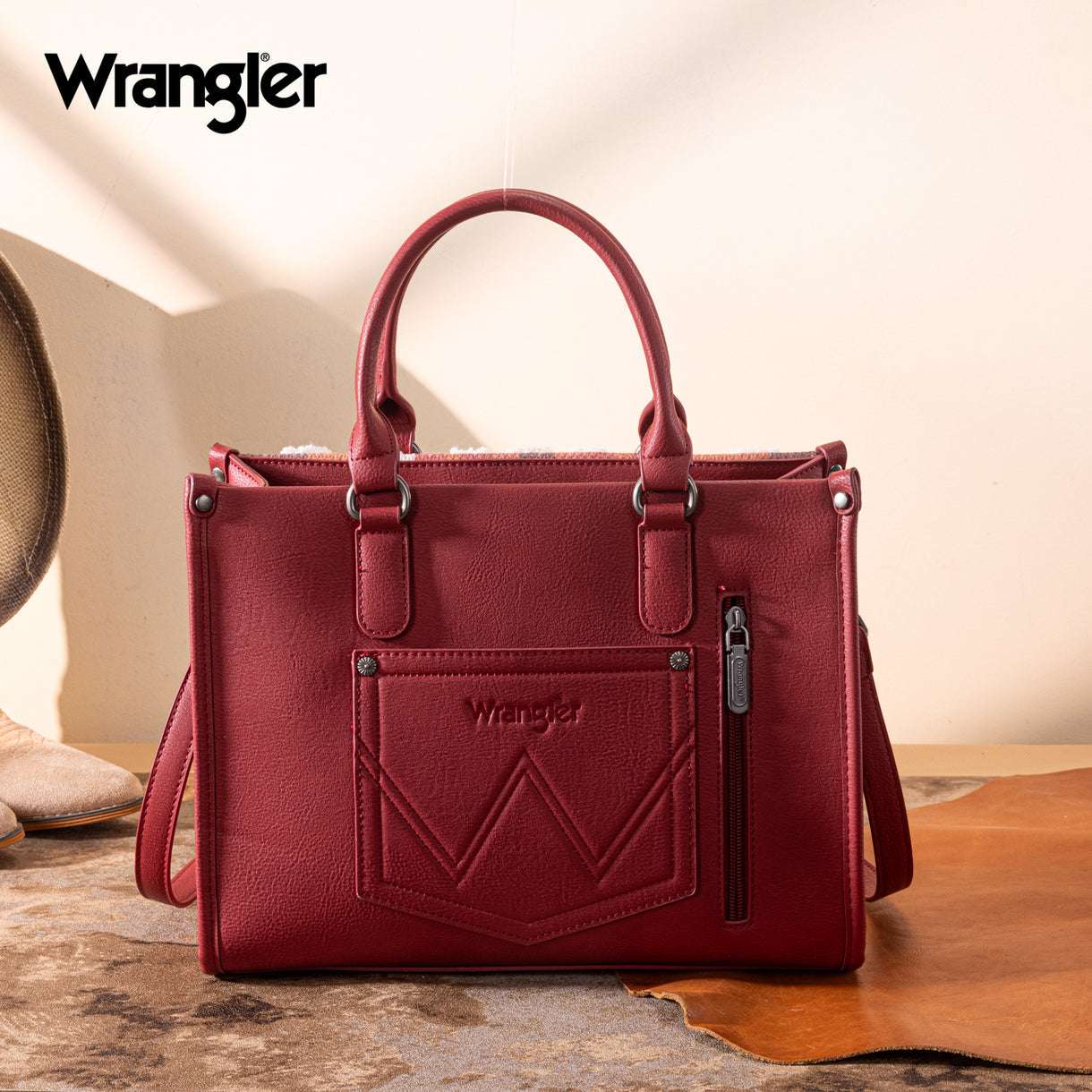 WRANGLER SHERPA AZTEC CANVAS TOTE/CROSSBODY BURGUNDY 8119BDY Laherradurawwnc.com
