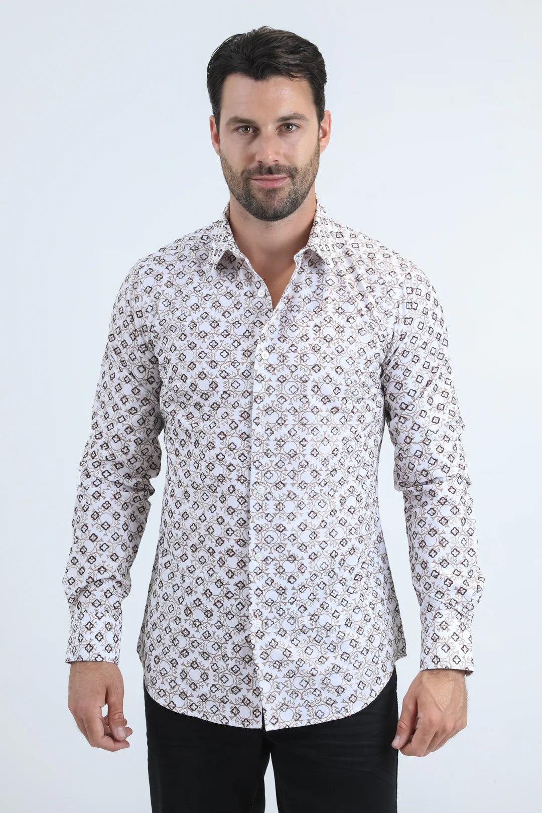 PLATINI MENS FLOCKED MODERN FIT SPANDEX LONG SLEEVE SHIRT WHITE - MFL11171