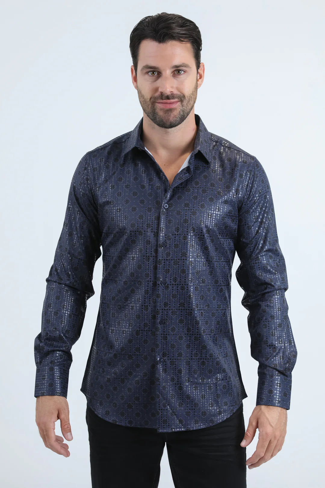 PLATINI MENS MODERN FIT STRETCH FOIL FASHION LONG SLEEVE SHIRT NAVY - FPL10956