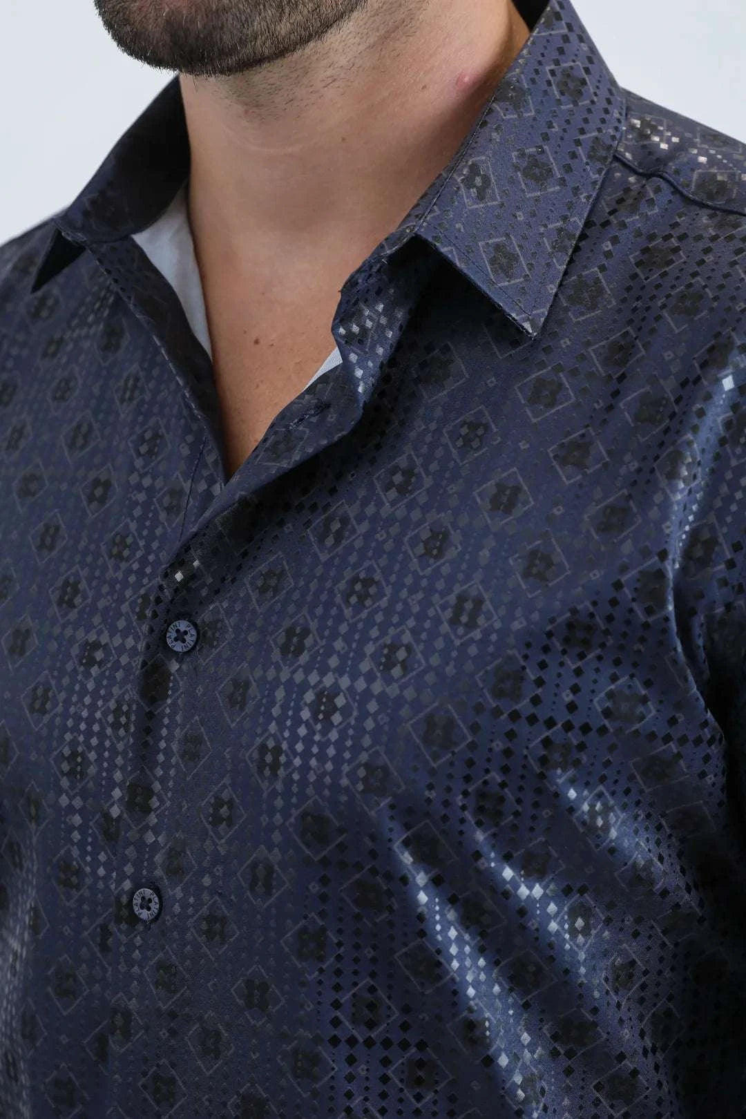 PLATINI MENS MODERN FIT STRETCH FOIL FASHION LONG SLEEVE SHIRT NAVY - FPL10956 Laherradurawwnc.com
