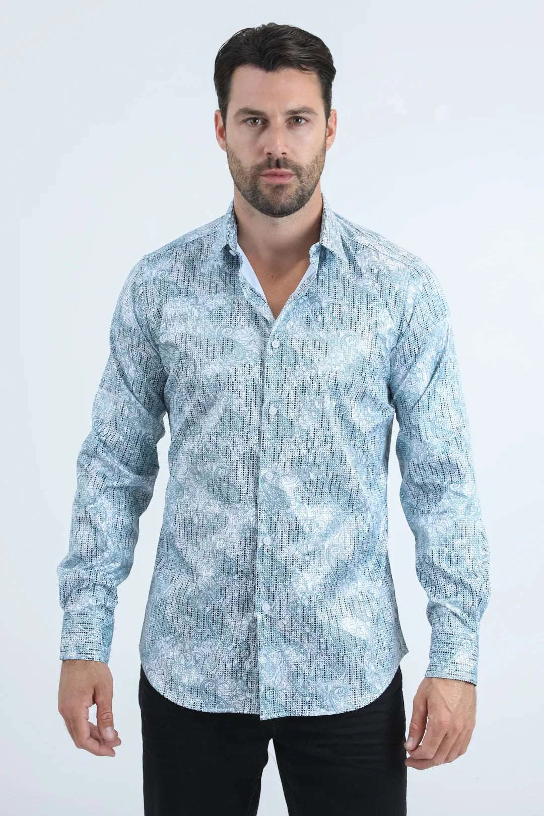 PLATINI MENS MODERN FIT STRETCH FOIL FASHION LONG SLEEVE SHIRT WHITE/BLUE - FPL10943 Laherradurawwnc.com