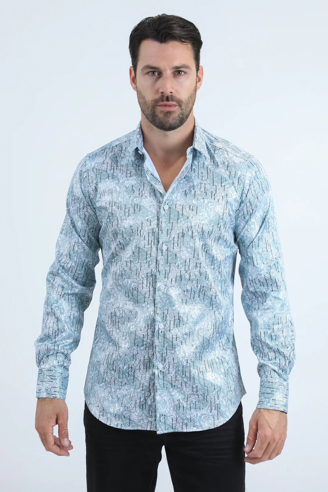 PLATINI MENS MODERN FIT STRETCH FOIL FASHION LONG SLEEVE SHIRT WHITE/BLUE - FPL10943