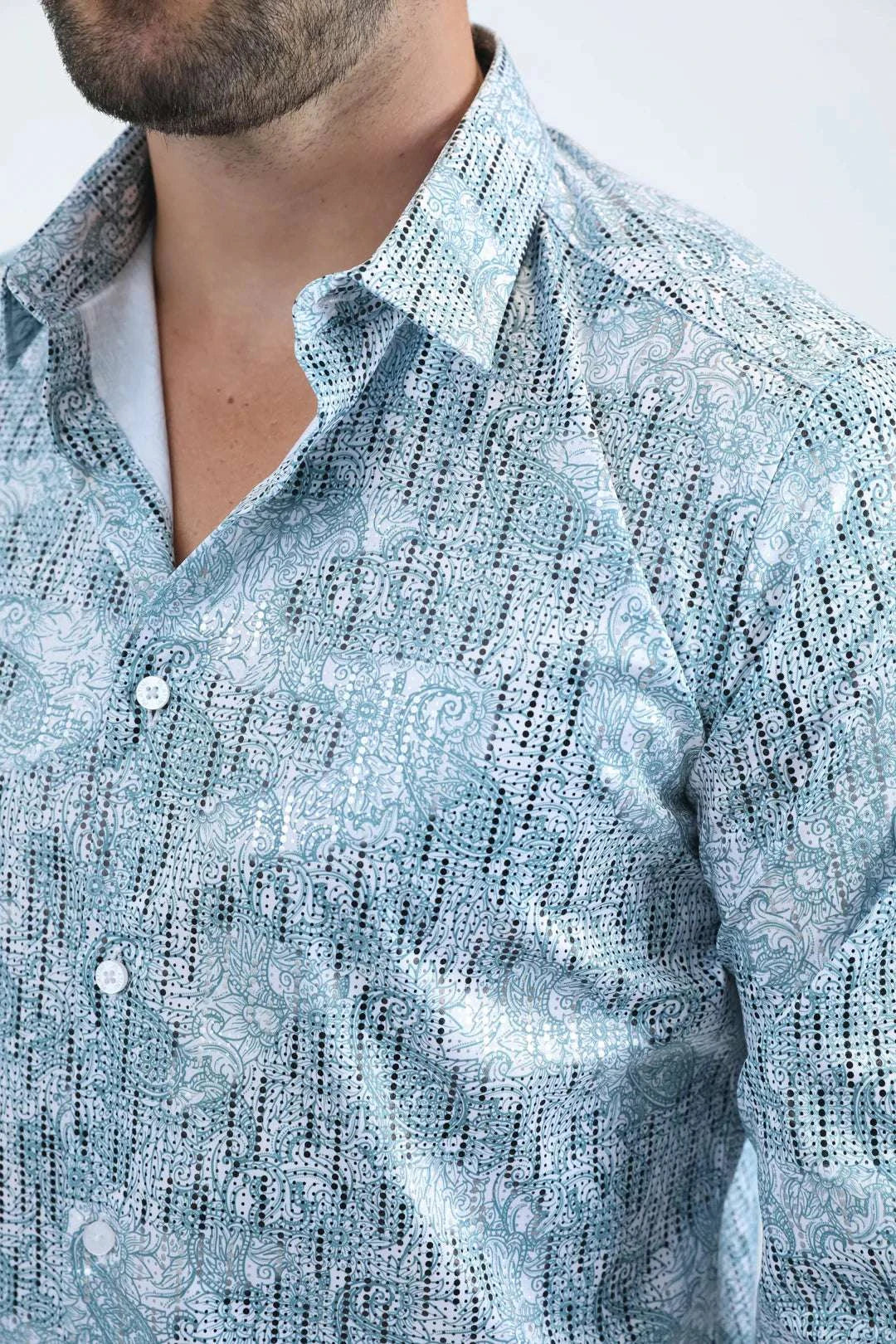 PLATINI MENS MODERN FIT STRETCH FOIL FASHION LONG SLEEVE SHIRT WHITE/BLUE - FPL10943 Laherradurawwnc.com