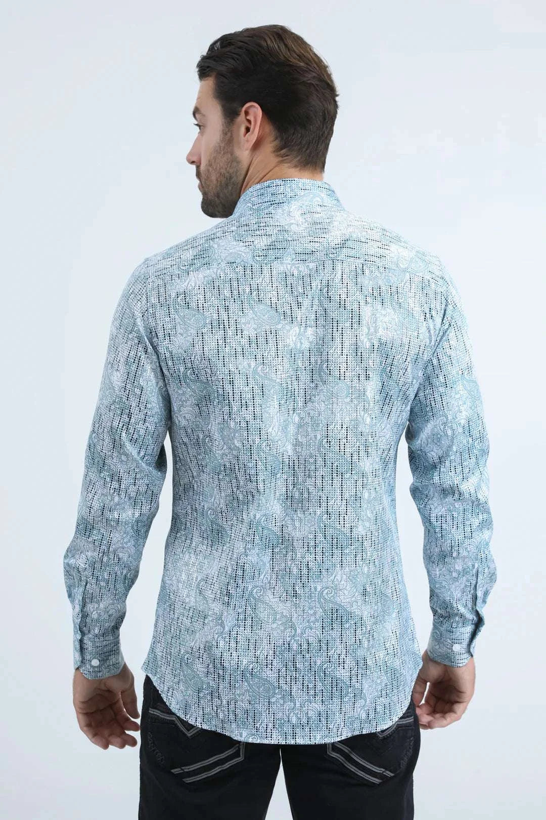 PLATINI MENS MODERN FIT STRETCH FOIL FASHION LONG SLEEVE SHIRT WHITE/BLUE - FPL10943 Laherradurawwnc.com