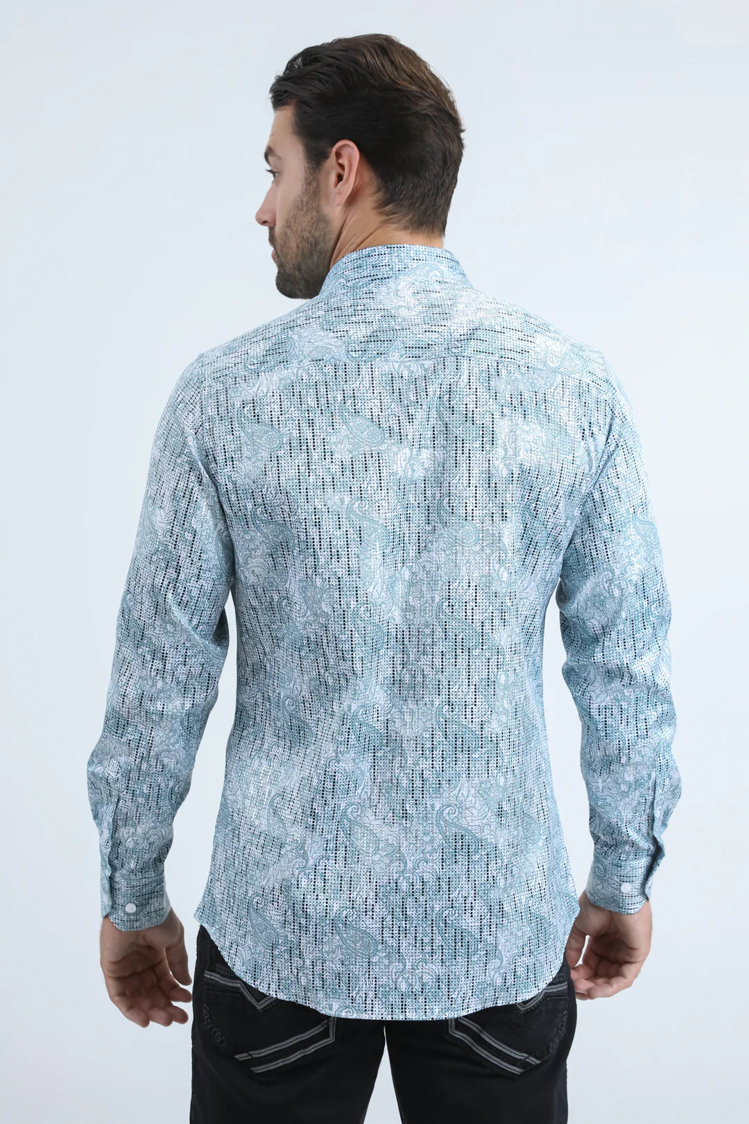 PLATINI MENS MODERN FIT STRETCH FOIL FASHION LONG SLEEVE SHIRT WHITE/BLUE - FPL10943