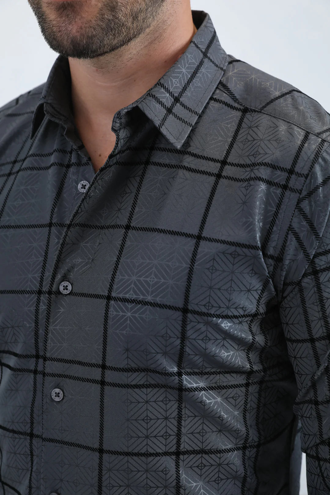 PLATINI MENS MODERN FIT STRETCH FOIL FASHION LONG SLEEVE SHIRT CHARCOAL - MFL11188