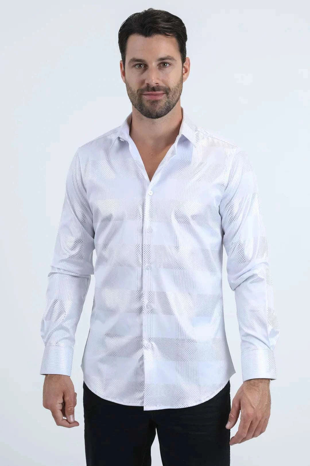 PLATINI MENS MODERN FIT STRETCH FOIL FASHION LONG SLEEVE SHIRT WHITE - FPL11190 Laherradurawwnc.com