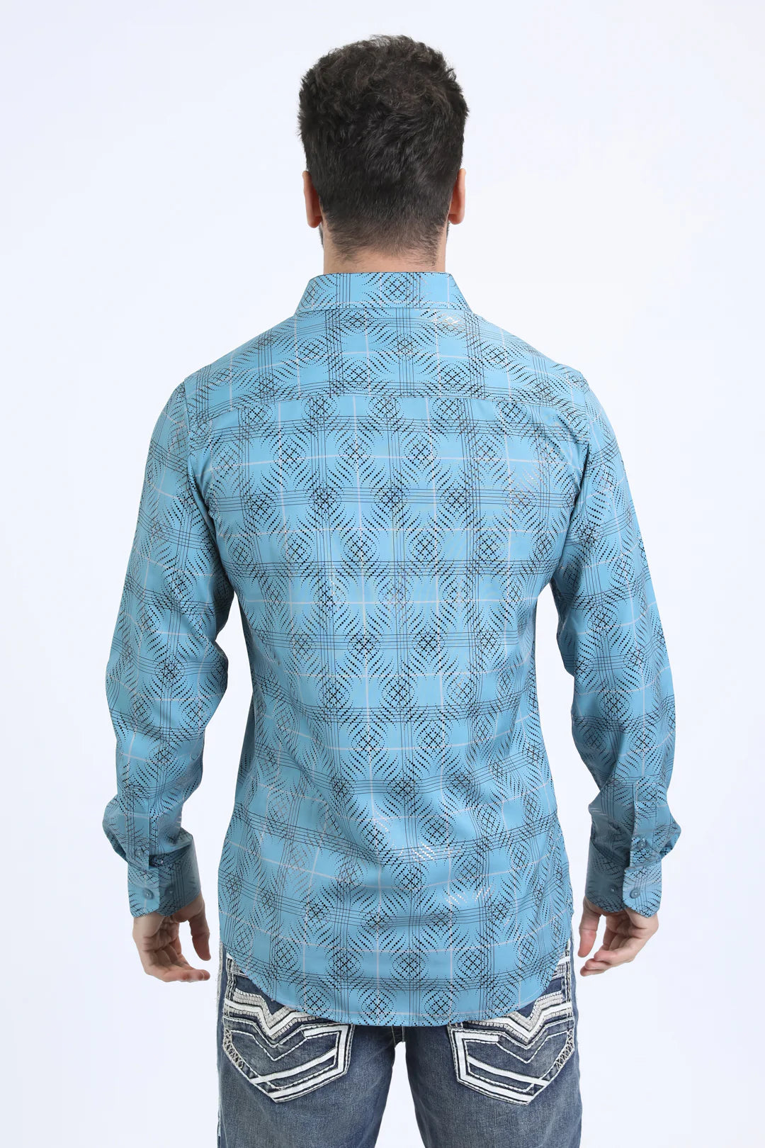 Platini Mens Modern fit stretch foil fashion Long sleeve Shirt Teal - FPL10728