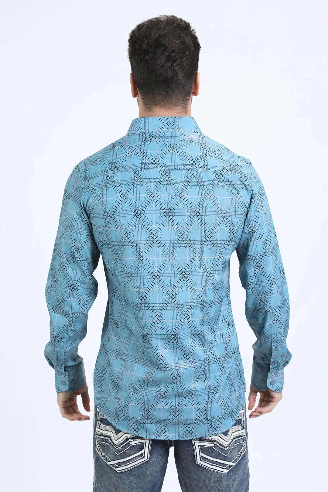 Platini Mens Modern fit stretch foil fashion Long sleeve Shirt Teal - FPL10728 Laherradurawwnc.com