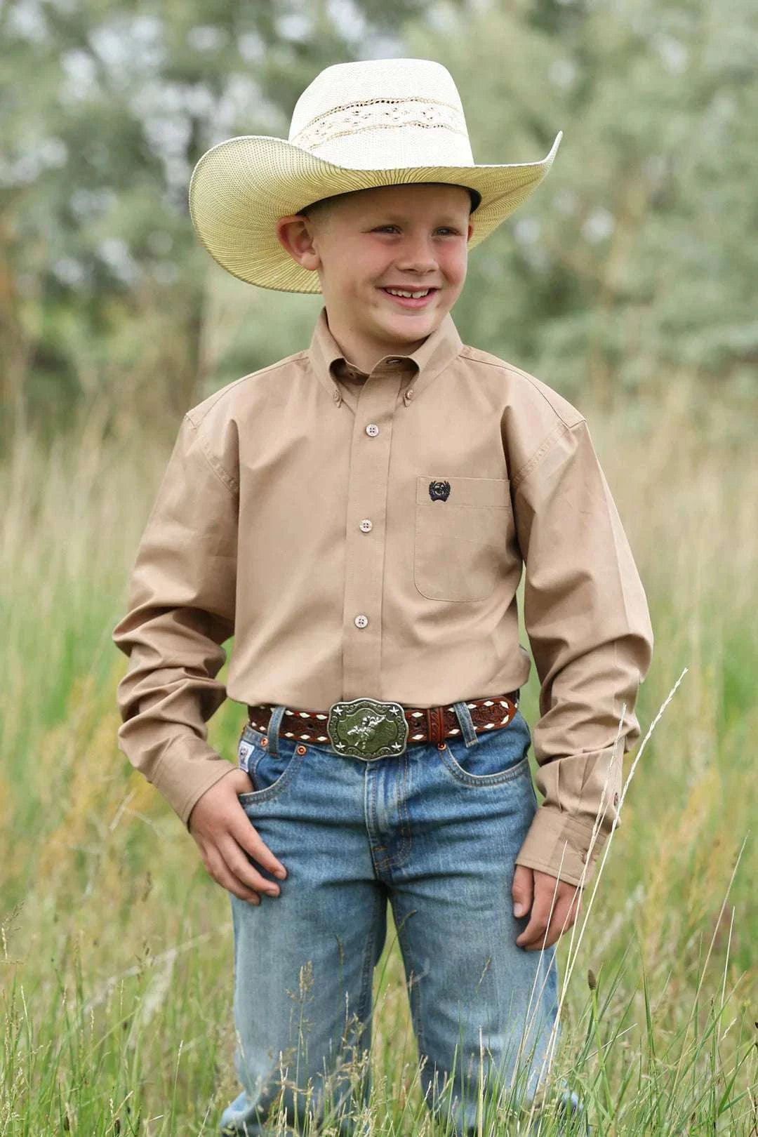 CINCH BOYS SHIRT LONG SLEEVE KHAKI - MTW7060418 Laherradurawwnc.com