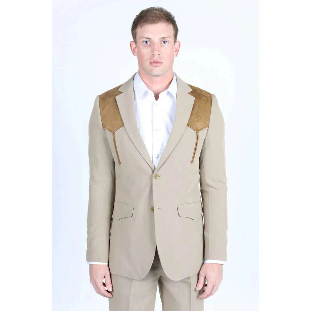 PLATINI MEN KHAKI WESTERN SUIT COAT WHIT SUEDE YOKES AND ELBOW PATCHES- WST9746 Laherradurawwnc.com