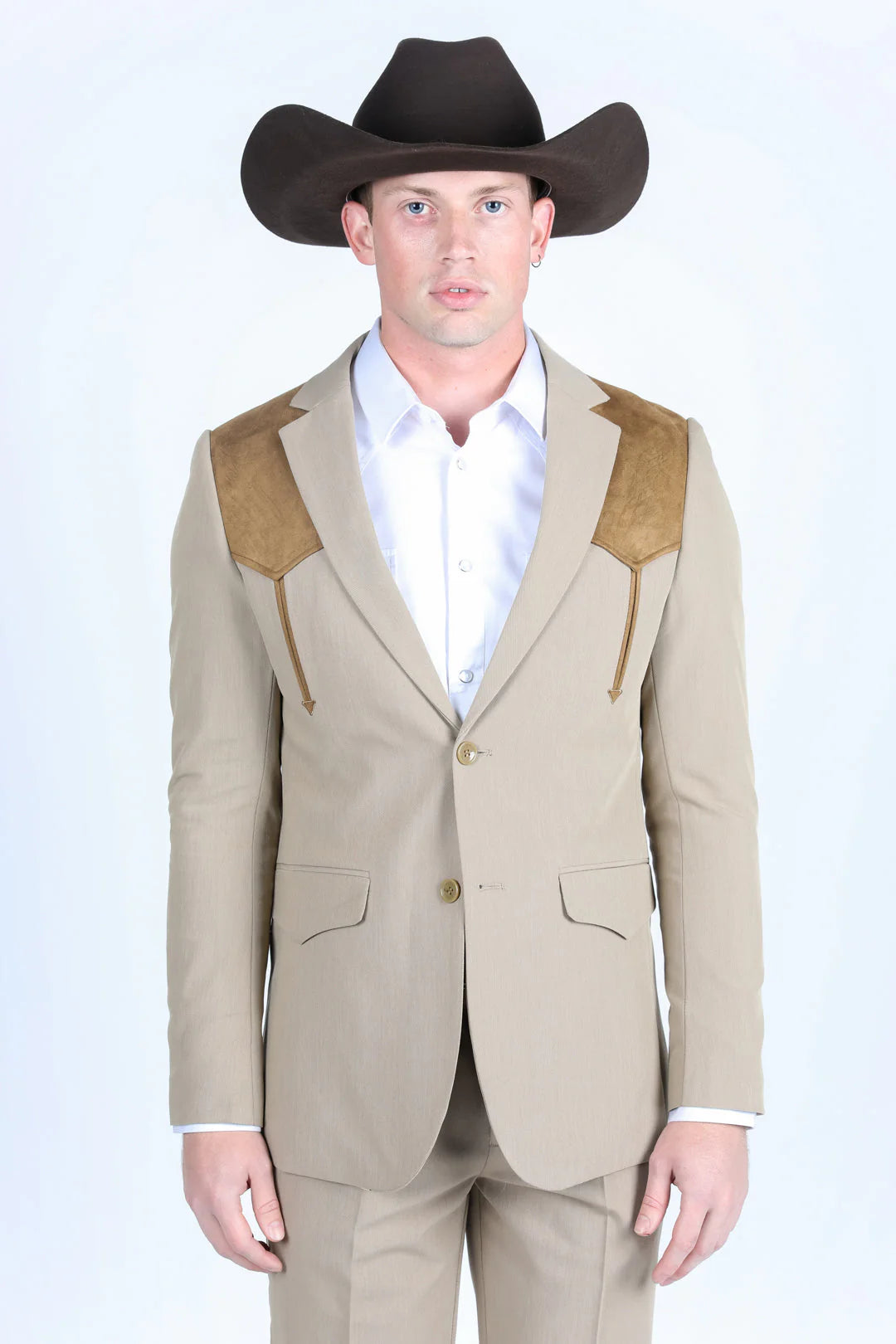 PLATINI MEN KHAKI WESTERN SUIT COAT WHIT SUEDE YOKES AND ELBOW PATCHES- WST9746