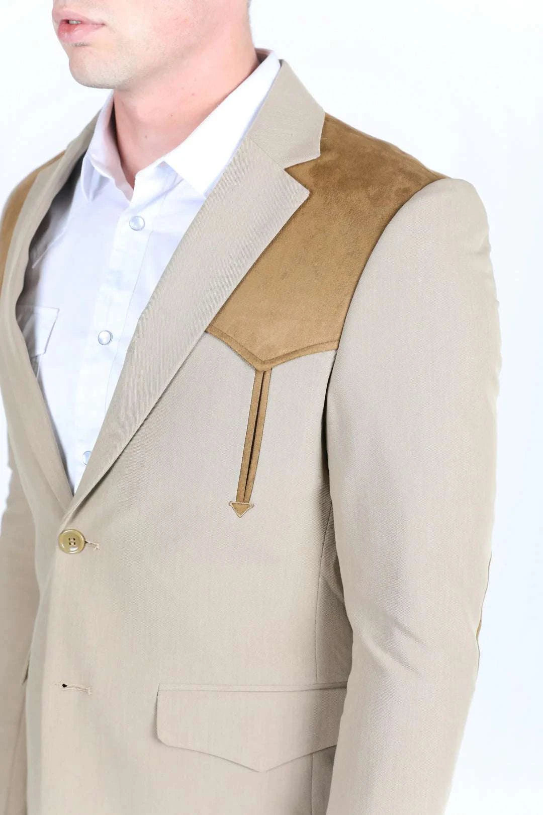 PLATINI MEN KHAKI WESTERN SUIT COAT WHIT SUEDE YOKES AND ELBOW PATCHES- WST9746 Laherradurawwnc.com