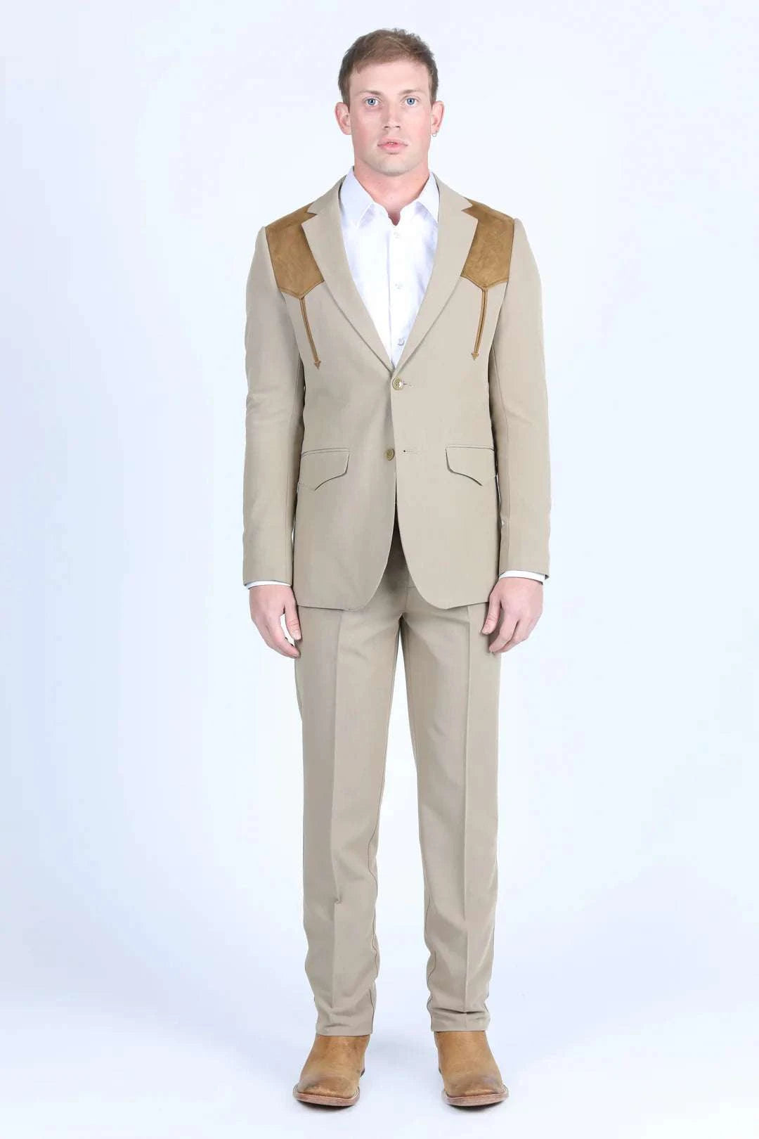 PLATINI MEN KHAKI WESTERN SUIT COAT WHIT SUEDE YOKES AND ELBOW PATCHES- WST9746 Laherradurawwnc.com