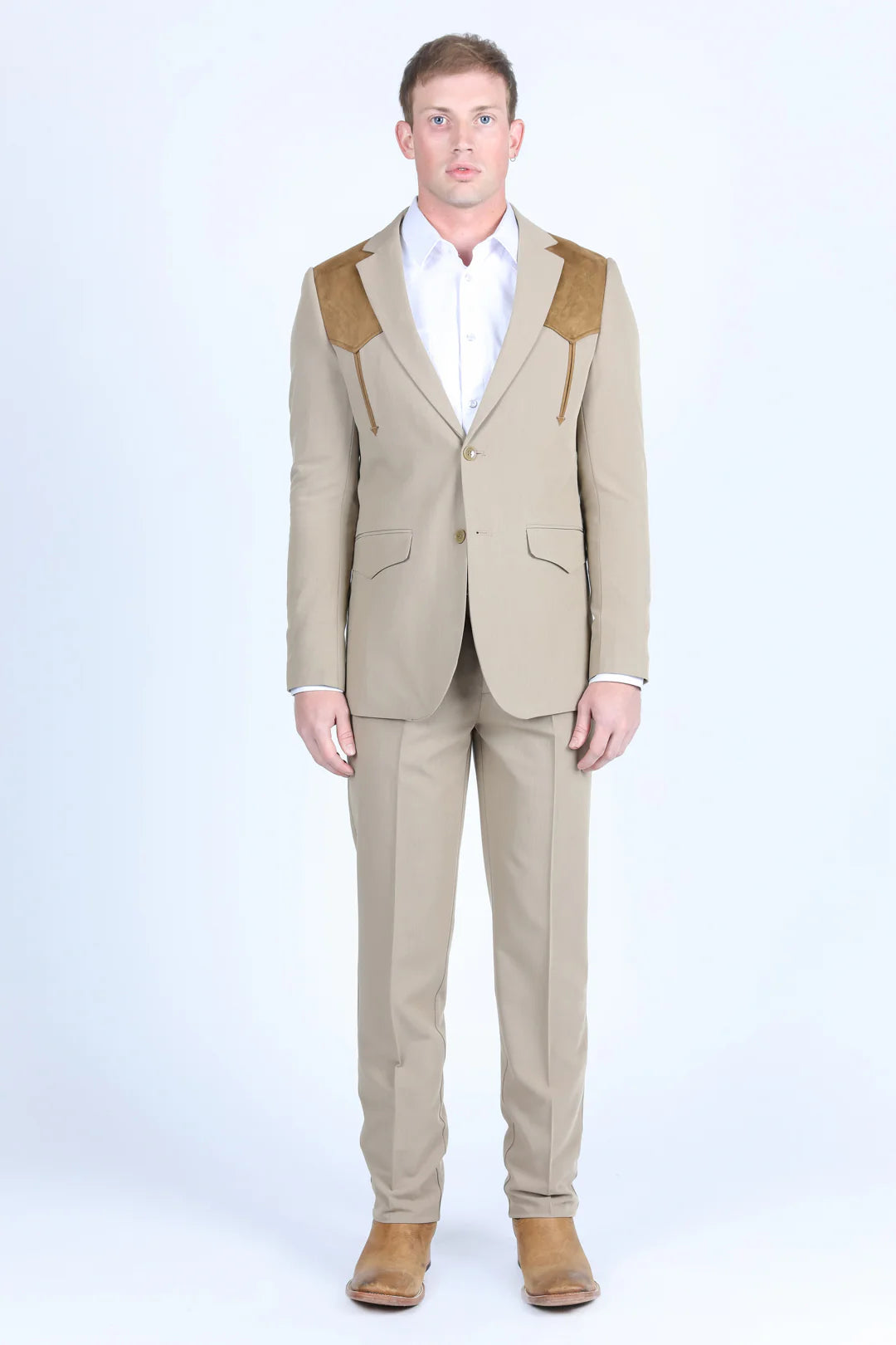 PLATINI MEN KHAKI WESTERN SUIT COAT WHIT SUEDE YOKES AND ELBOW PATCHES- WST9746