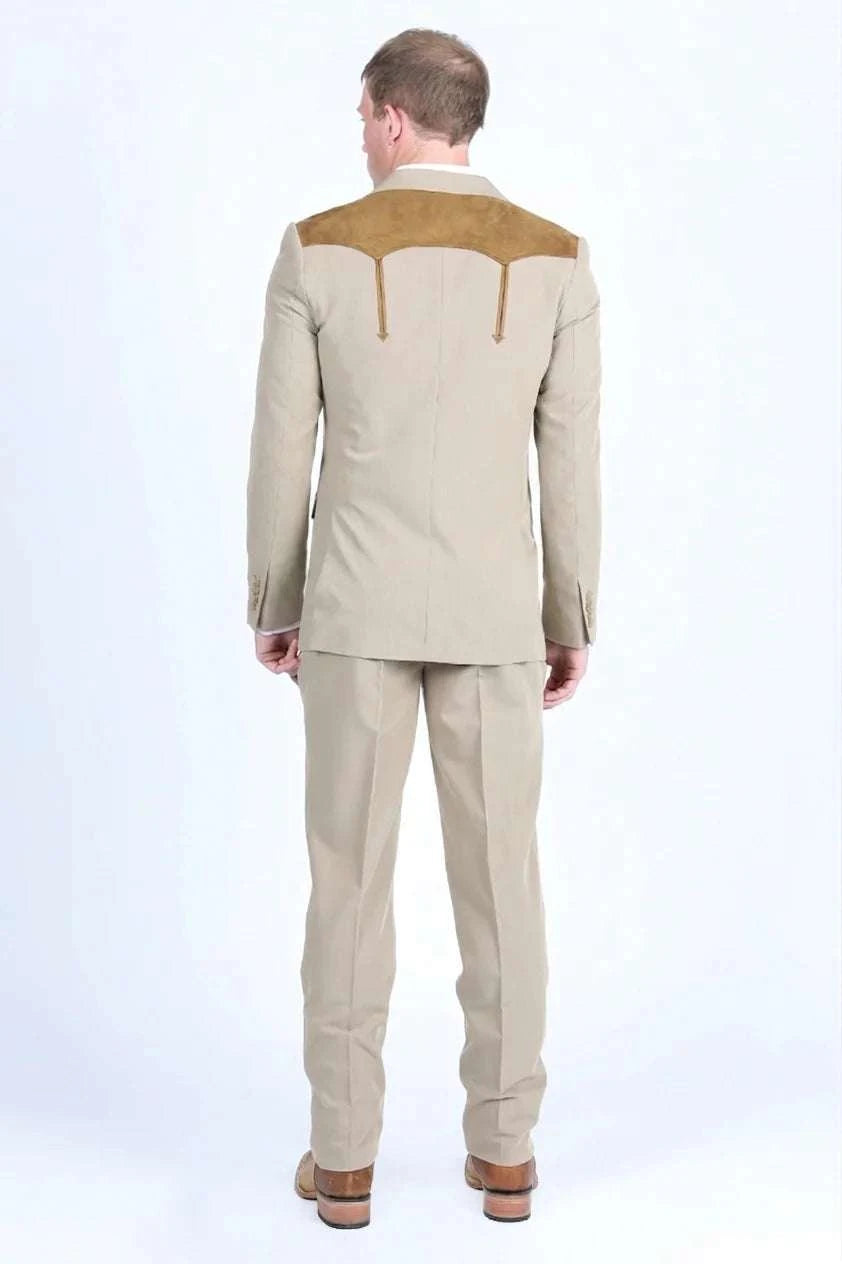 PLATINI MEN KHAKI WESTERN SUIT COAT WHIT SUEDE YOKES AND ELBOW PATCHES- WST9746 Laherradurawwnc.com
