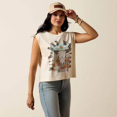 ARIAT WOMEN FADED IVORY STEER SKULL LANDSCAPE SS TSHRT 10078378