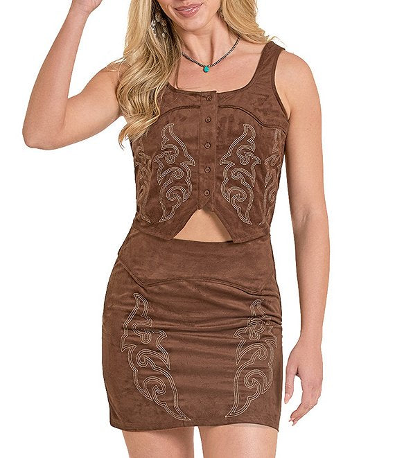 ROCK & ROLL WOMENS EMBROIDERED MICROSUEDE TOP BROWN BW50T08098
