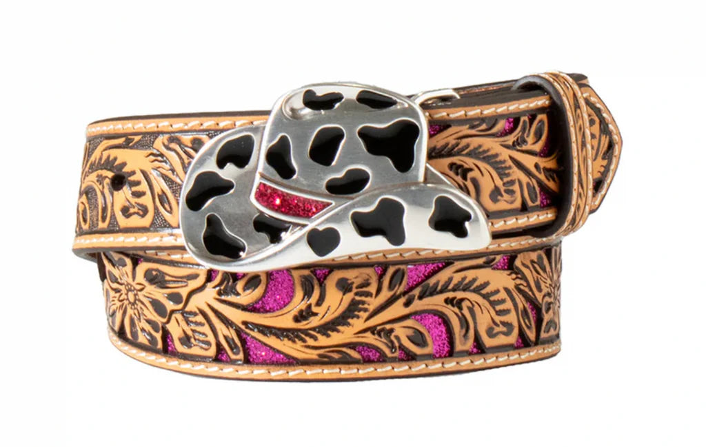 ANGEL RANCH GIRLS HANDTOOLED PINK GLITTER AND HAT BUCKLE BELT D130003648