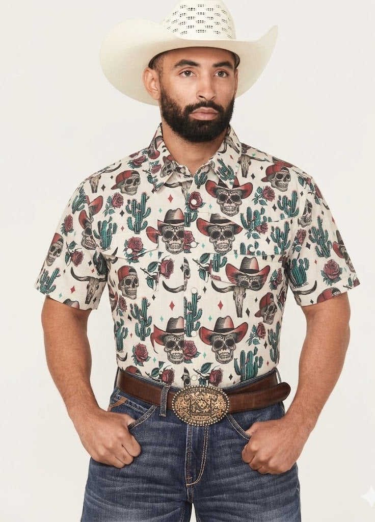 ROCK&ROLL SHORT SLEEVE TAN NOVELTY SKULLS TEK WESTERN - BMN3S08401
