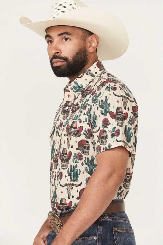 ROCK&ROLL SHORT SLEEVE TAN NOVELTY SKULLS TEK WESTERN - BMN3S08401