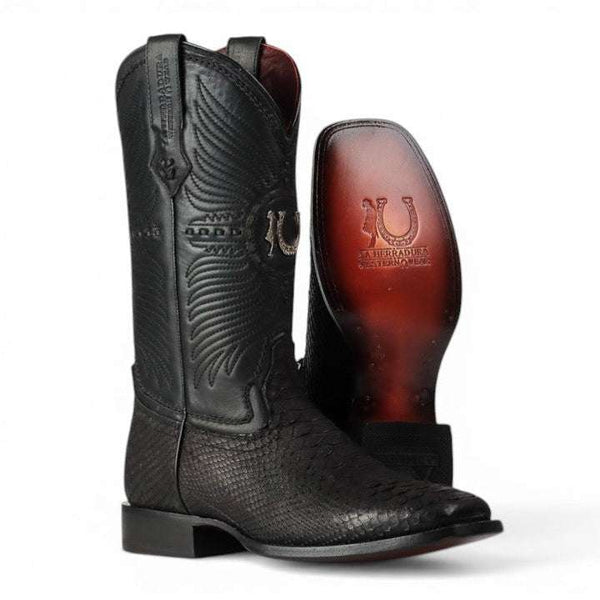 LA HERRADURA BOTA VAQUERA PREMIUM DE NOBUCK EXÓTICO DE PYTHON NEGRO PARA HOMBRE CON PUNTA CUADRADA