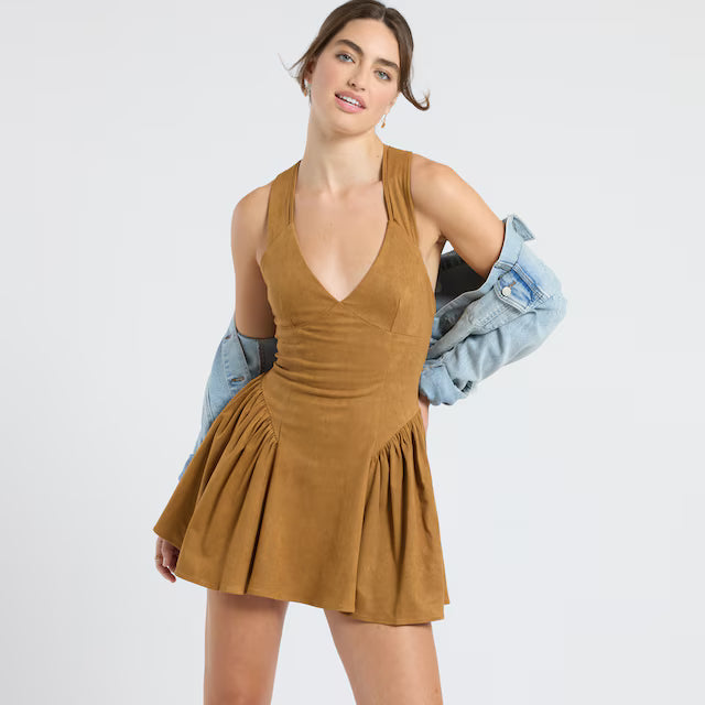 SUEDE V NECK MINI DRESS BROWN VID52404