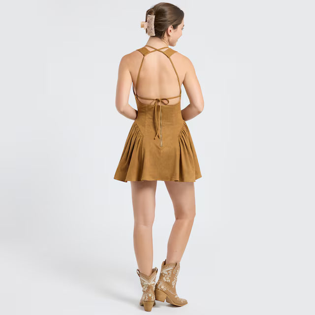 SUEDE V NECK MINI DRESS BROWN VID52404