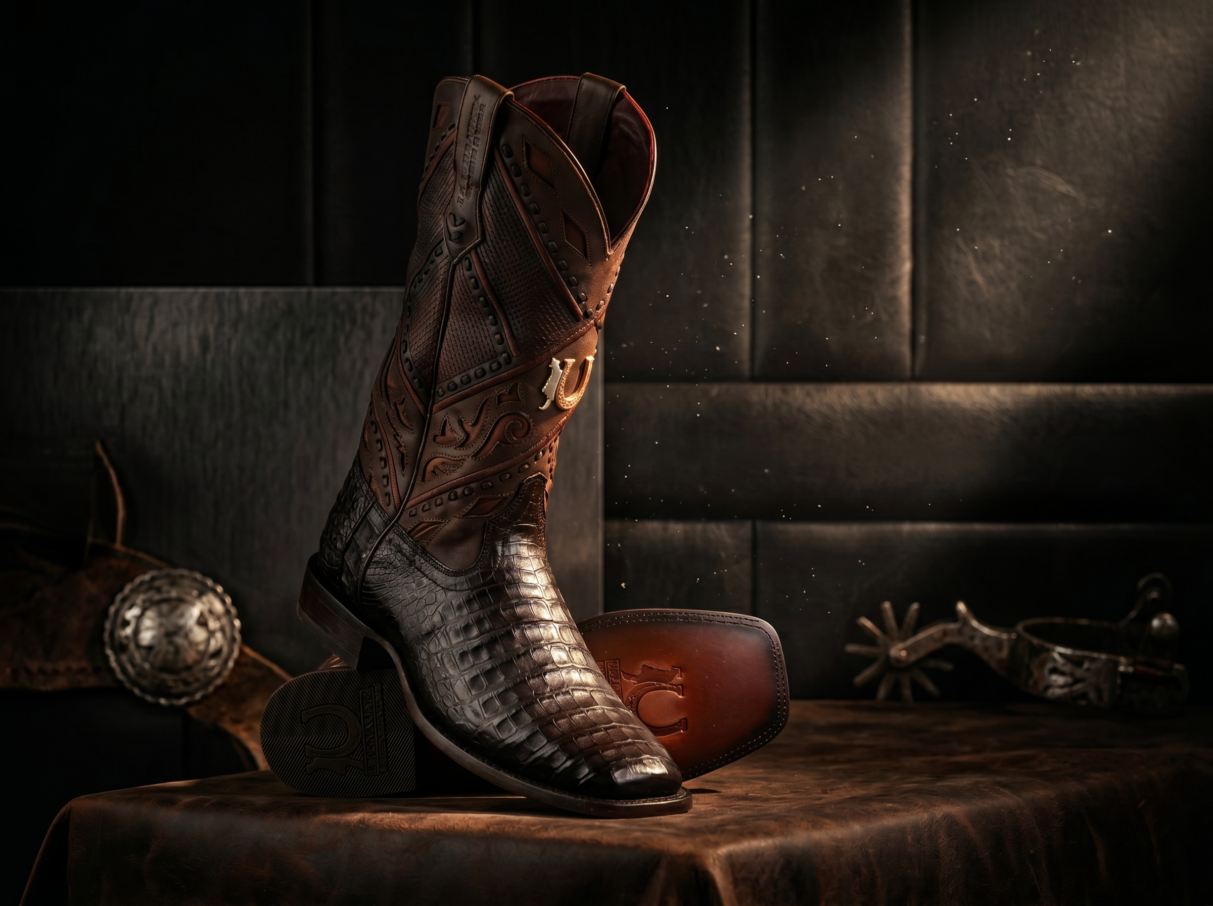 LA HERRADURA MENS PREMIUM BOOT EXOTIC CAIMAN CHOCOLATE SQ TOE
