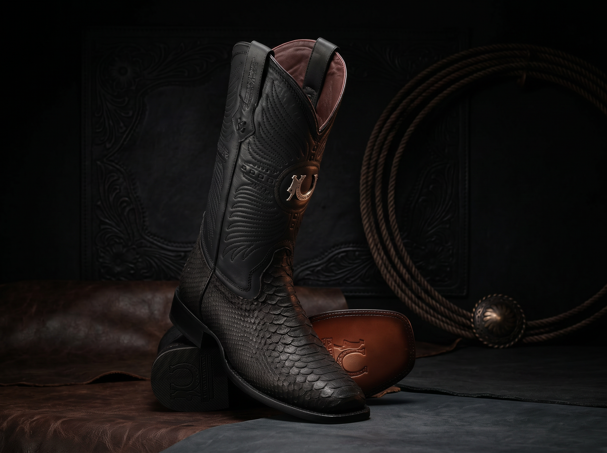 LA HERRADURA MENS PREMIUM EXOTIC NOBUCK PYTHON BLACK SQ TOE
