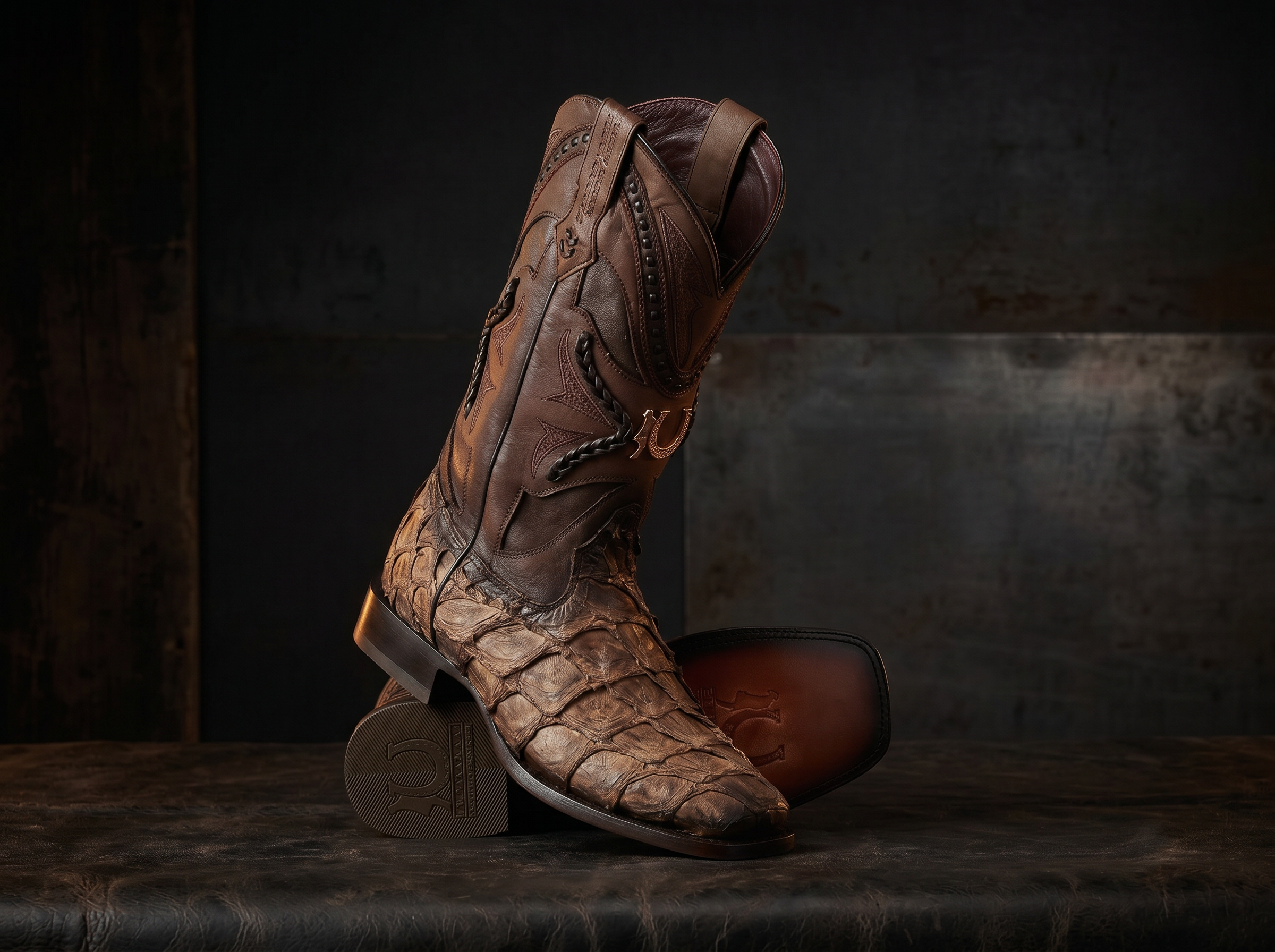 LA HERRADURA MENS PREMIUM BOOT EXOTIC FISH ICE COFFEE SQ TOE