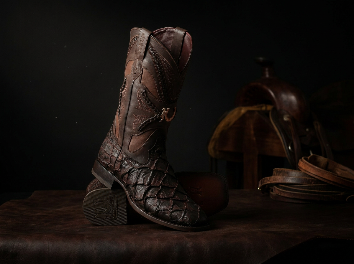 LA HERRADURA MENS PREMIUM BOOT EXOTIC FISH CHOCOLATE SQ TOE