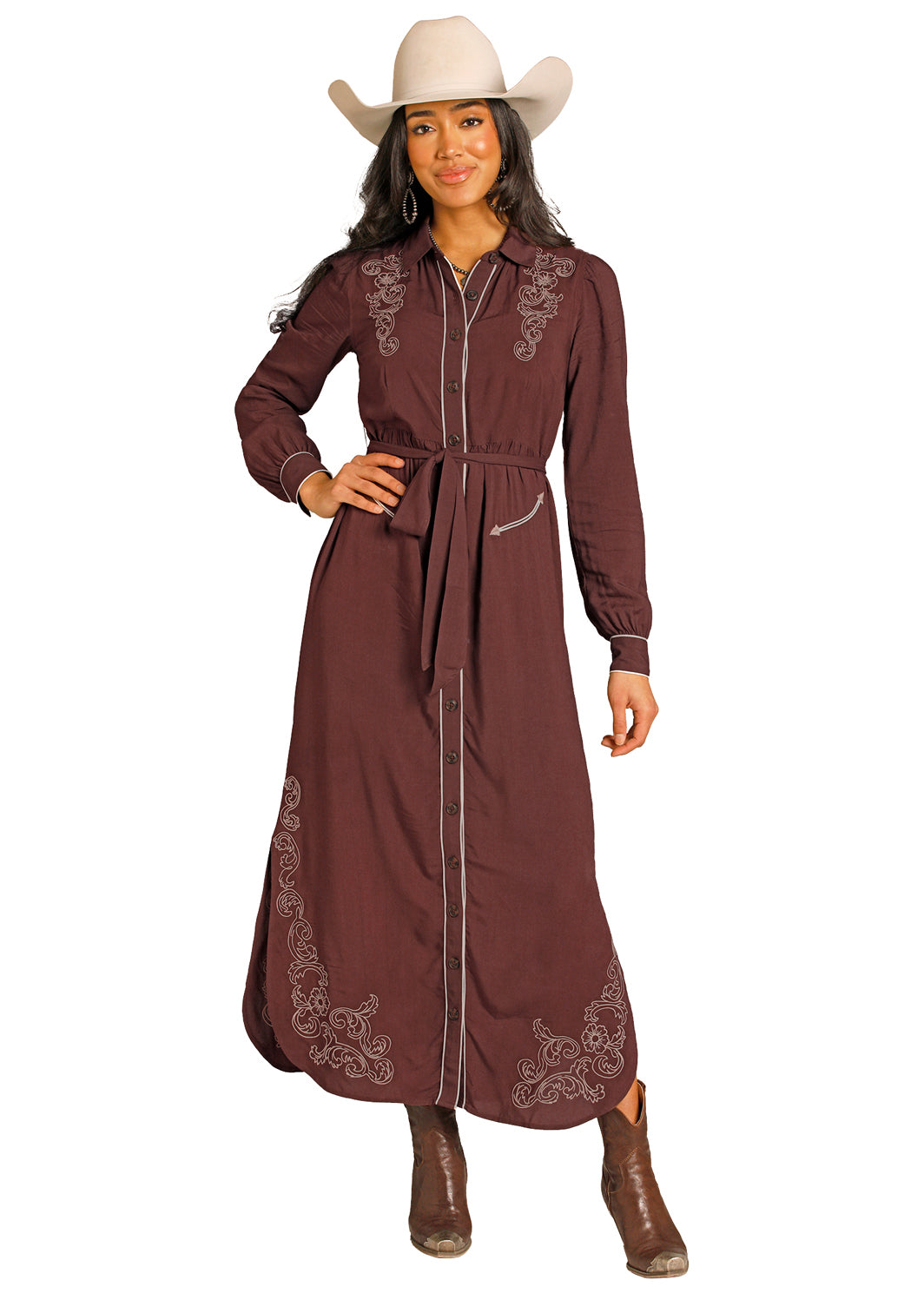 PANHANDLE WOMEN EMBROIDERED MAXI DRESS DARK BROWN LWD2R07945