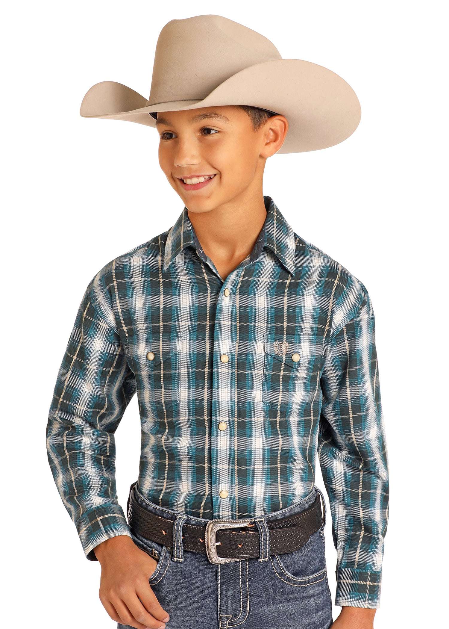 PANHANDLE KIDS LS TWLL PLAID Teal PBN2S04832 Laherradurawwnc.com
