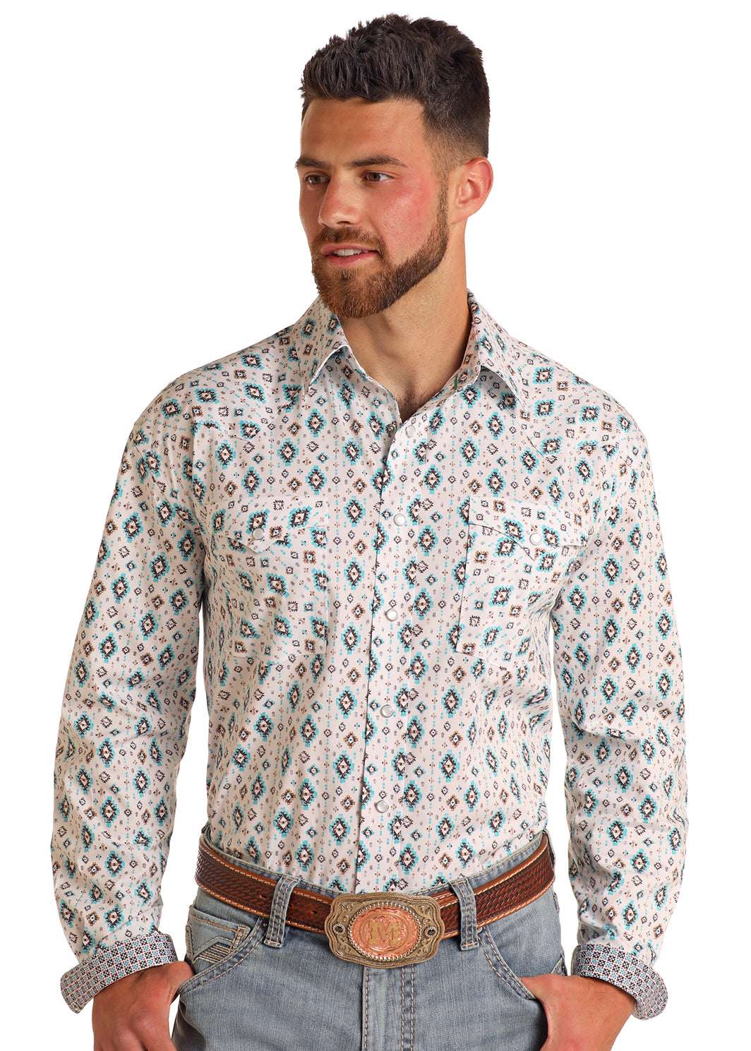 PANHANDLE AZTEC TURQUOISE MENS SNAP LONG SLEEVE SHIRT-RMN2S05682 Laherradurawwnc.com